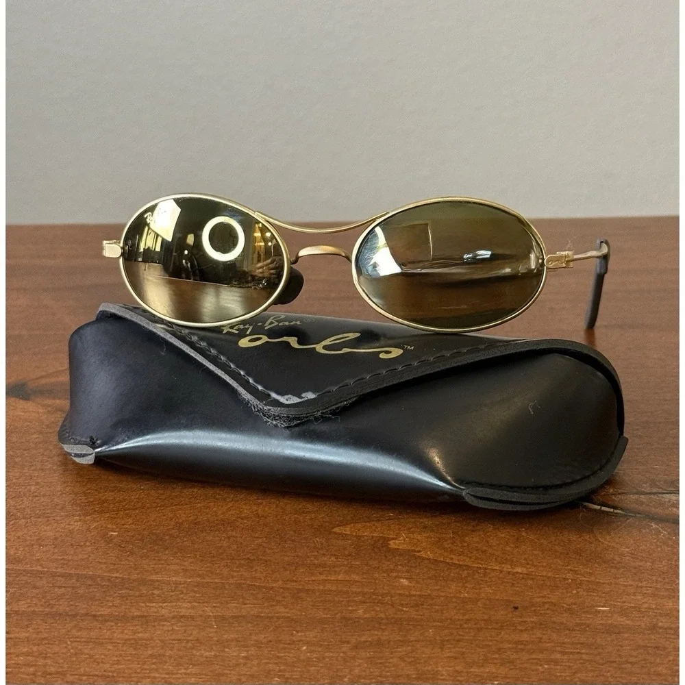 VINTAGE B&L RAY-BAN W2177 G15 GOLD ECLIPSE BIKERS ORBS MIRROR SUNGLASSES w/CASE